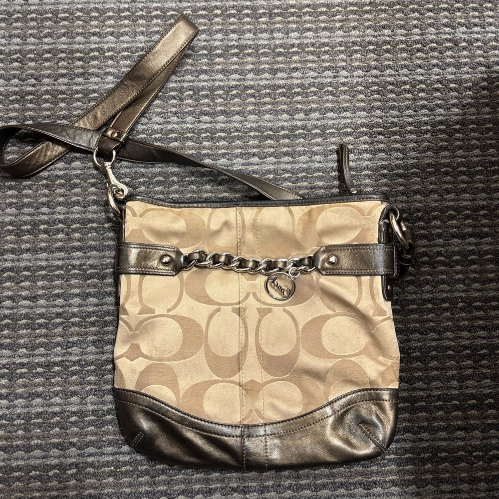 Coach Y2K Khaki F19730 Signature Optic Metallic Leather Chain Crossbody Bag